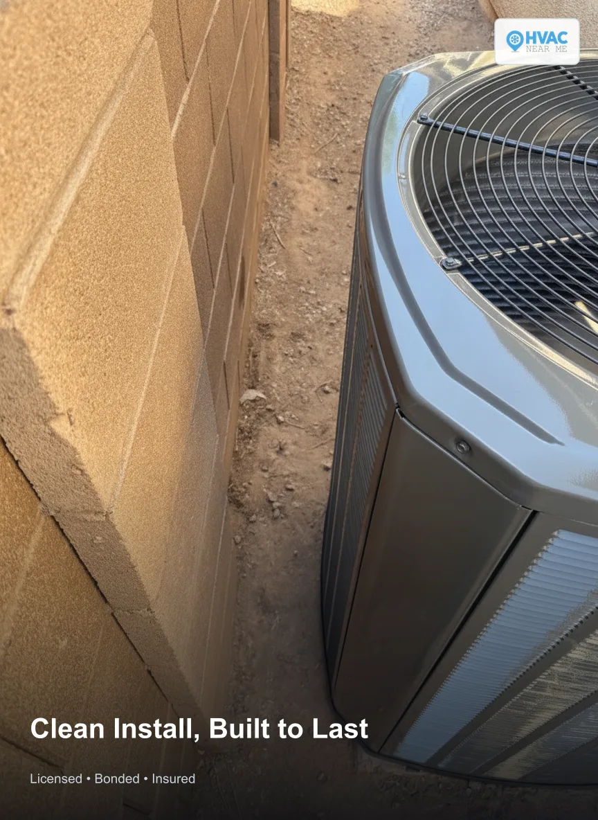 Clean new AC condenser installation against block wall, HVAC Near Me