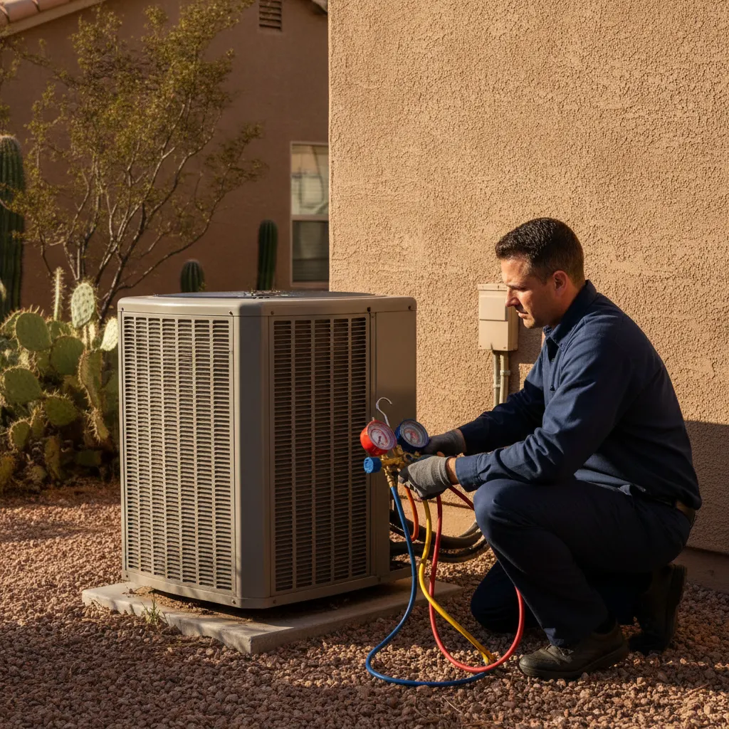 HVAC technician checking refrigerant pressure on a residential AC condenser that stopped cooling