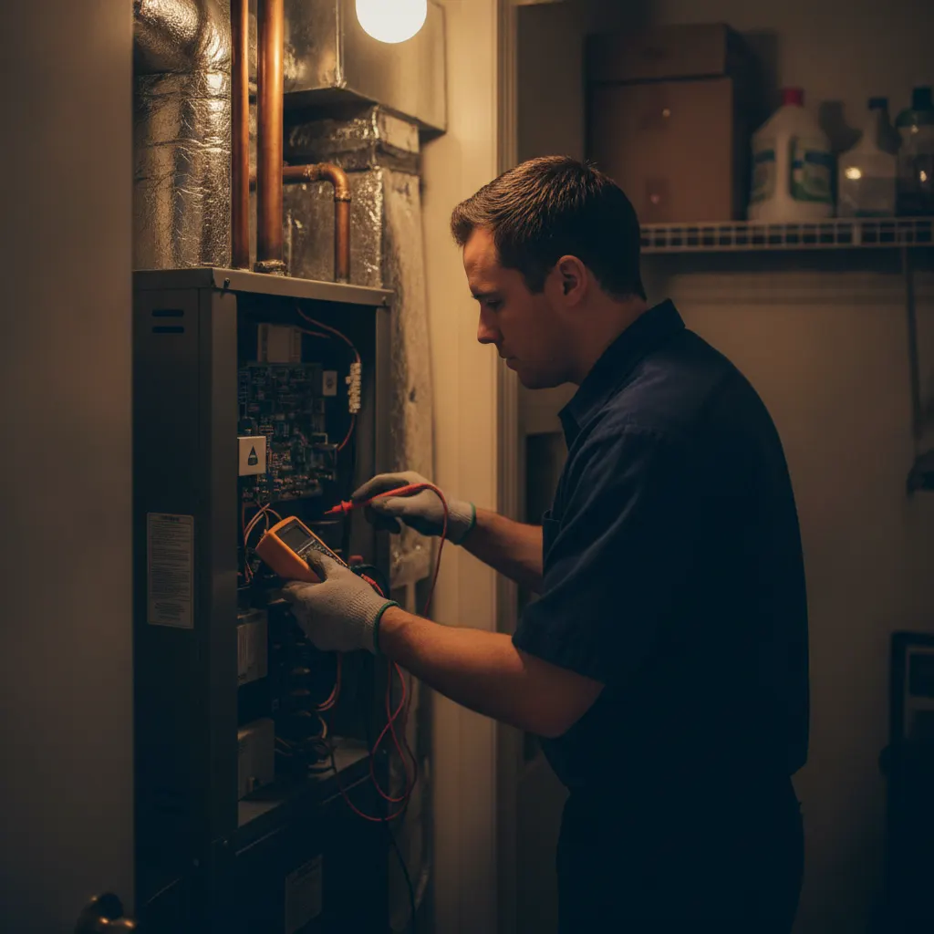 HVAC technician diagnosing an indoor air handler unit
