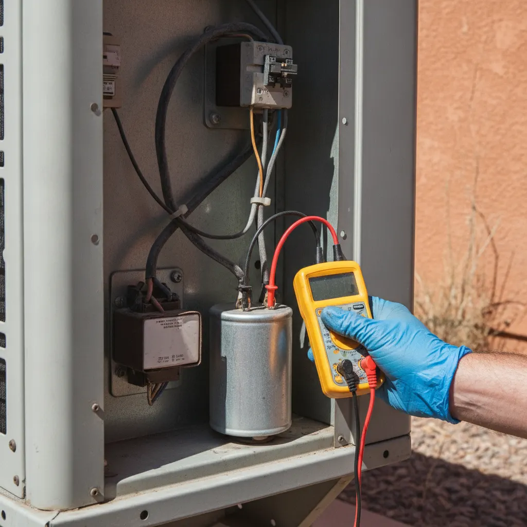 Testing a run capacitor with a multimeter inside an outdoor AC condenser electrical compartment