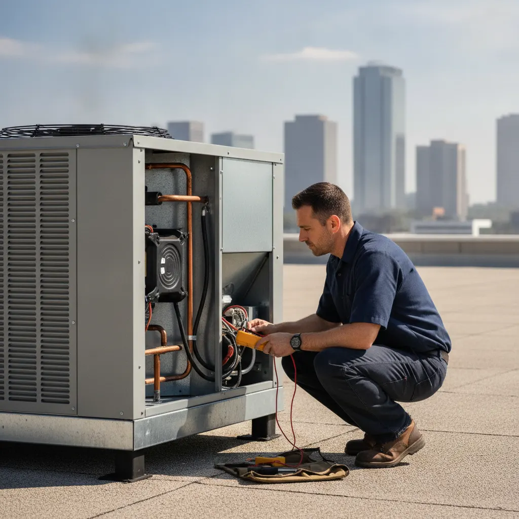 HVAC technician servicing a commercial rooftop package AC unit