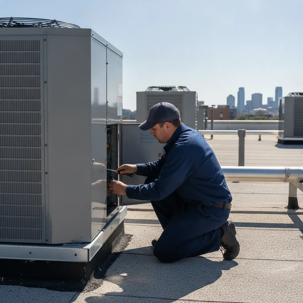 HVAC technician inspecting the control panel on a commercial rooftop AC unit