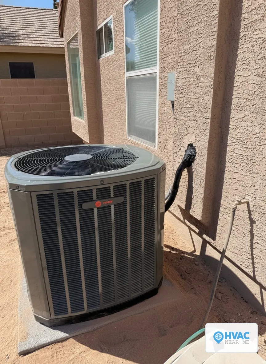 Real outdoor AC condenser unit serviced by HVAC Near Me at an Arizona home