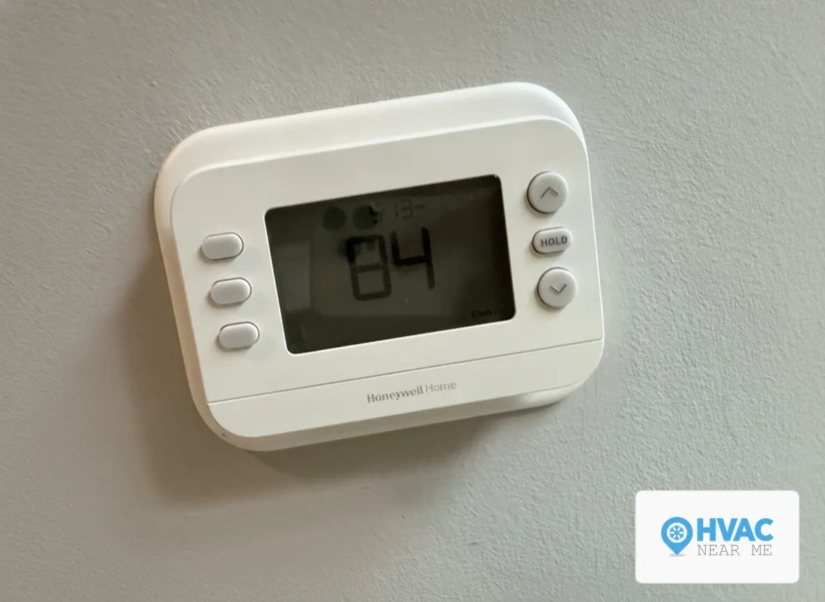 A home thermostat reading 84 degrees during an AC no-cool emergency call