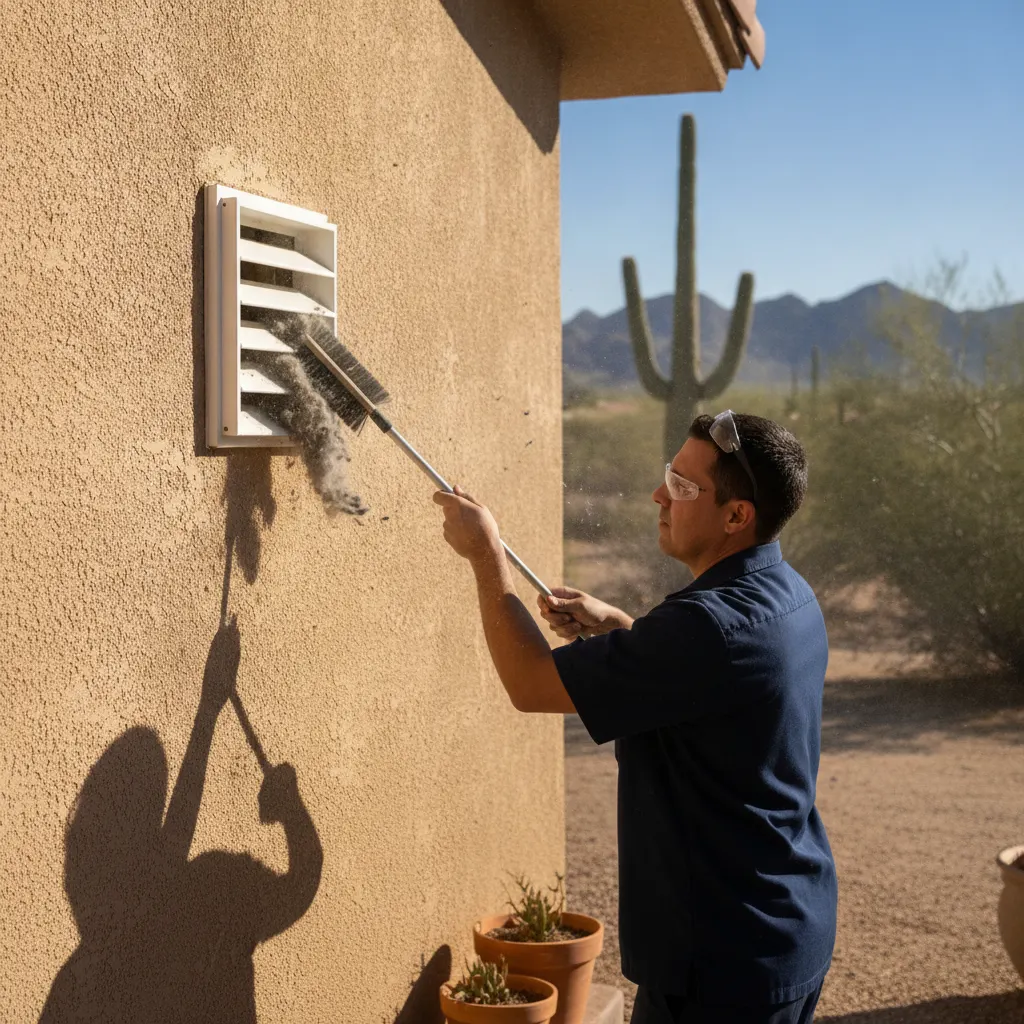 HVAC technician cleaning an exterior dryer vent cap