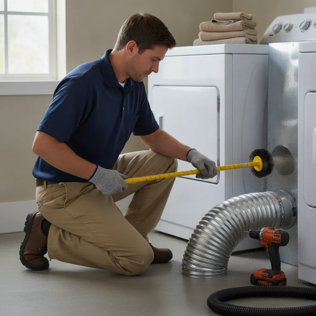 HVAC technician clearing a dryer vent duct with a cleaning rod