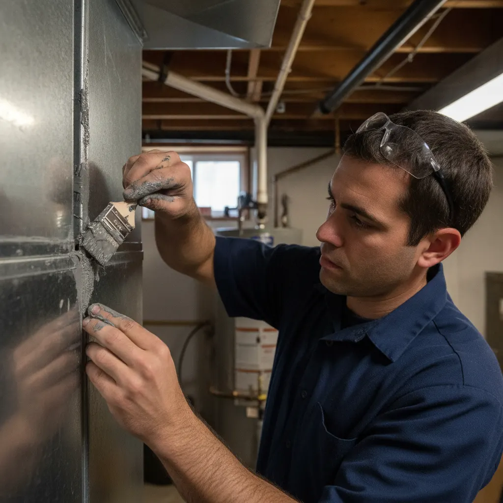 HVAC technician sealing a ductwork joint