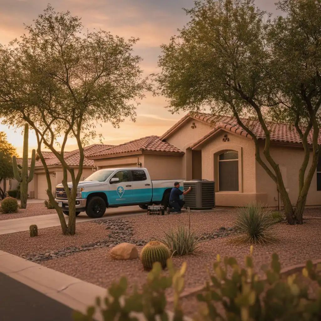 HVAC Near Me technician repairing an outdoor AC condenser unit in the driveway of a Chandler, Arizona home at dusk, company truck parked nearby