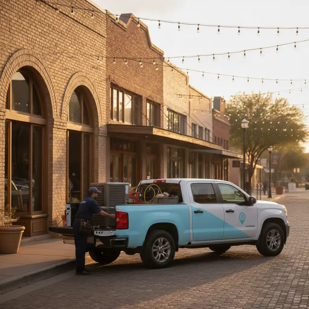 HVAC Near Me technician loading equipment from the company truck on an Old West-style storefront street in Gilbert, Arizona's Heritage District