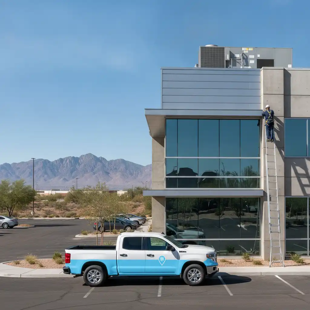 HVAC technician servicing a rooftop commercial AC unit from a ladder at a Goodyear, Arizona business park with the Estrella Mountains visible in the distance
