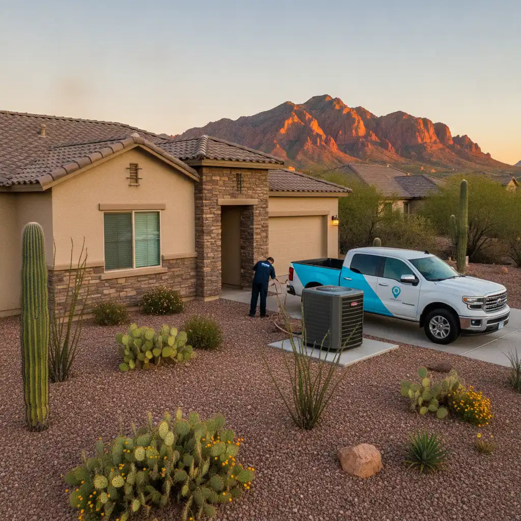 HVAC technician installing a new outdoor AC condenser unit at a Mesa, Arizona home with Red Mountain glowing in the background at late afternoon