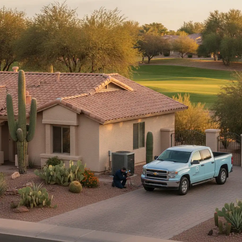 HVAC technician checking AC refrigerant pressure at a Peoria, Arizona home near a golf course fairway in warm late-afternoon light