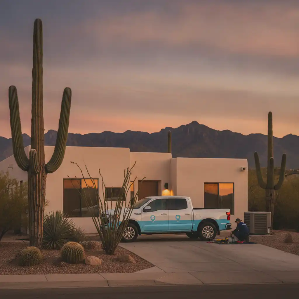 HVAC Near Me technician repairing an outdoor AC condenser at a desert-modern Scottsdale, Arizona home near the McDowell Mountains at golden hour