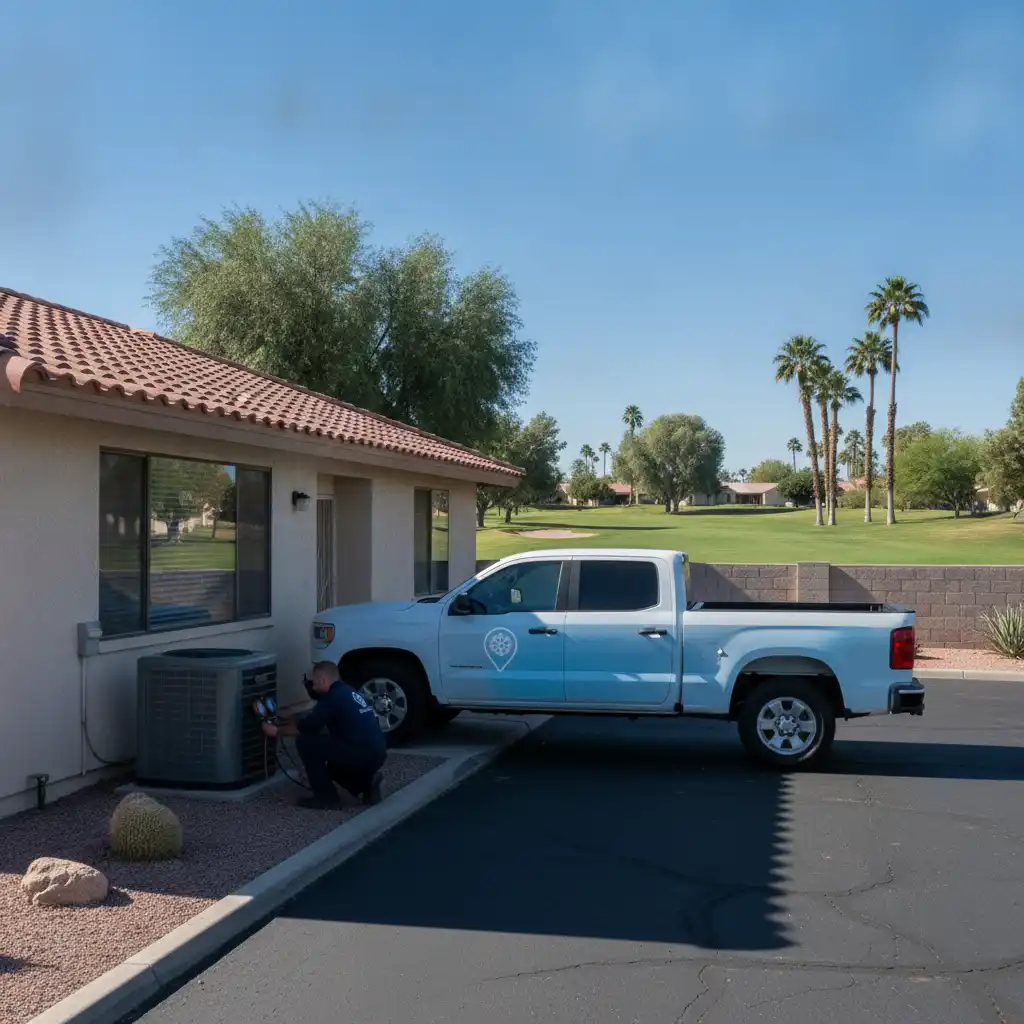 HVAC technician checking a pad-mounted AC unit at a Sun City, Arizona retirement-community home with a golf course fairway in the background