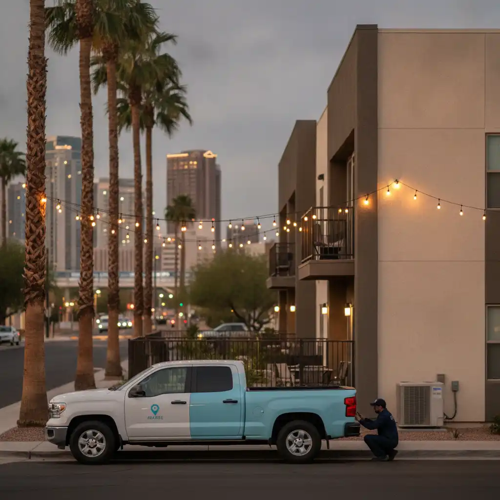 HVAC Near Me technician installing a mini-split condenser unit outside a Tempe, Arizona apartment building near ASU at dusk with string lights