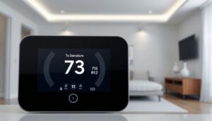 A clean, modern smart thermostat display with intuitive touch controls, displaying a user-friendly interface with temperature, humidity, and energy usage data. In the foreground, the thermostat's sleek, minimalist design features a large, high-resolution digital display and a circular touchpad for adjusting settings. In the background, a minimalist, neutral-toned room setting with clean lines and soft ambient lighting, conveying a sense of efficiency and technological sophistication. The overall atmosphere is one of streamlined, user-centric design and advanced HVAC management capabilities.