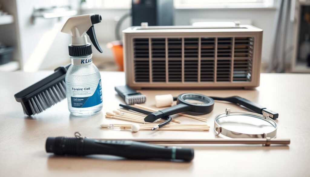 A clean, well-organized arrangement of professional-grade HVAC evaporator coil cleaning tools laid out on a tidy, neutral-colored surface. In the foreground, an industrial-style brush, coil cleaner sprayer, and specialized cleaning wand. In the middle ground, a collection of cleaning brushes, cotton swabs, and a magnifying glass for close inspection. The background features a blurred, out-of-focus scene suggesting a clean, well-lit workshop or utility room. Bright, natural lighting casts a warm, inviting glow over the scene, emphasizing the tools' purpose and utility.