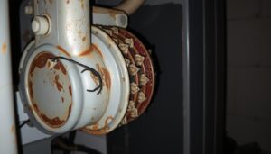 A close-up view of a malfunctioning heat pump unit, showing signs of wear and tear. The compressor appears to be struggling, with visible cracks and rust on the casing. The coils are partially obscured by debris, indicating poor maintenance. The background is dimly lit, casting shadows that emphasize the system's distress. The overall scene conveys a sense of concern and the need for professional attention, reflecting the challenges homeowners face with heat pump issues.