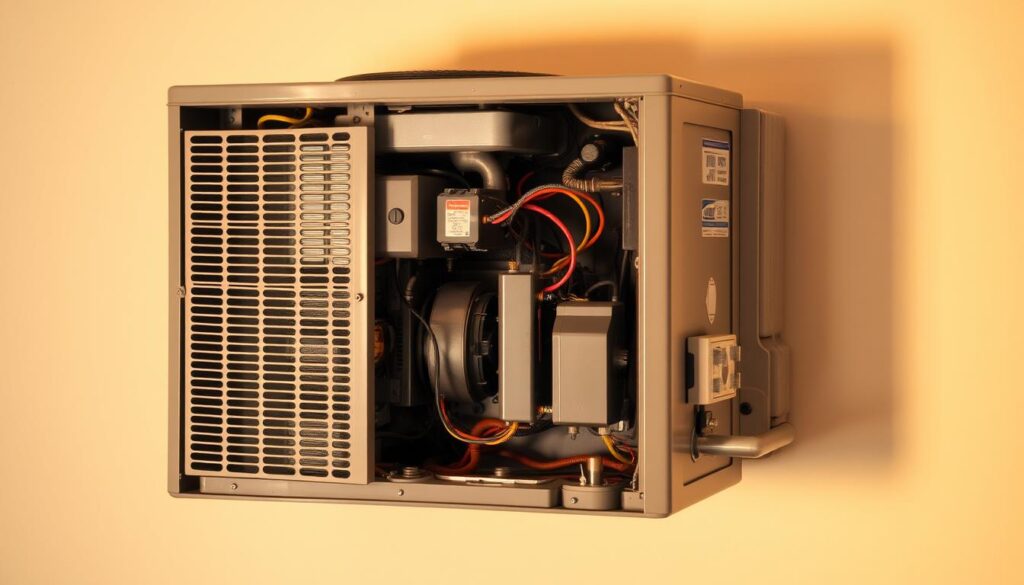 A compact HVAC unit, its components visibly cycling through operation, with a malfunctioning thermostat triggering rapid on-off sequences. The unit is set against a neutral background, allowing the focus to remain on the technical details. Warm lighting casts subtle shadows, conveying the sense of an active, dynamic system. The camera angle is slightly elevated, providing a clear view of the unit's inner workings. The overall tone is one of technical exploration, inviting the viewer to understand the mechanics behind the issue of short cycling.