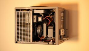 A compact HVAC unit, its components visibly cycling through operation, with a malfunctioning thermostat triggering rapid on-off sequences. The unit is set against a neutral background, allowing the focus to remain on the technical details. Warm lighting casts subtle shadows, conveying the sense of an active, dynamic system. The camera angle is slightly elevated, providing a clear view of the unit's inner workings. The overall tone is one of technical exploration, inviting the viewer to understand the mechanics behind the issue of short cycling.