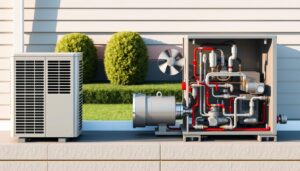 A cross-sectional diagram of a residential heat pump system, showcasing its key components. The foreground displays the indoor unit with a sleek, modern design, its vents gently blowing cool air. The middle ground features the outdoor compressor unit, its fan blades spinning steadily, surrounded by a well-manicured yard. In the background, a cut-away view reveals the intricate network of refrigerant lines, valves, and heat exchangers that facilitate the heat transfer process. The lighting is soft and natural, casting subtle shadows that accentuate the system's intricate engineering. The overall mood is one of efficiency and technological sophistication, reflecting the advanced capabilities of this energy-saving HVAC solution.