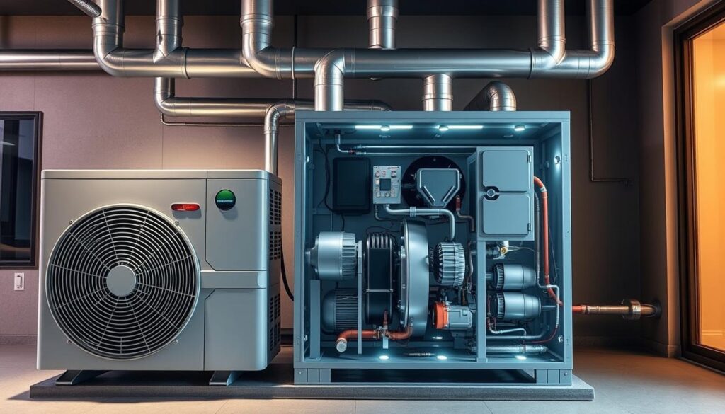 A detailed HVAC system diagram with a cutaway view, showcasing the complex components and their interconnections. The foreground displays the air conditioning unit, furnace, and ductwork in precise mechanical detail, illuminated by soft, diffused lighting. The middle ground features a cross-sectional view of the system, revealing the intricate inner workings of the air handler, compressor, and heat exchanger. The background subtly hints at the building's architecture, providing context without distracting from the technical focus. The overall atmosphere conveys a sense of technical proficiency and engineering prowess, suitable for illustrating the "Understanding HVAC System Sizing" section of the article.