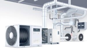 A detailed HVAC system with various components displayed in a clean, technical illustration. The foreground shows the air handler unit, including the blower fan, coils, and air filters. The middle ground features the furnace unit with its burners, heat exchanger, and control panel. In the background, the ducting system is visible, with vents, dampers, and air conditioning components. The lighting is bright and even, highlighting the intricate details of each part. The overall mood is informative and educational, conveying a sense of understanding the essential workings of an HVAC system.