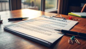 A detailed and well-organized HVAC maintenance contract, neatly displayed on a wooden desk. The contract pages are crisp and clearly legible, illuminated by warm, natural lighting from a large window in the background. The contract is the focal point, surrounded by office supplies like a pen, highlighter, and paperclips, conveying a sense of professionalism and attention to detail. The overall mood is one of diligence and careful consideration, reflecting the importance of understanding the terms and conditions of an HVAC maintenance agreement.