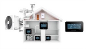 A detailed cutaway diagram of an HVAC zoning system, showcasing the key components and their interconnected functions. The foreground displays the air handling unit, air ducts, and individual zone dampers, all rendered in high-resolution. The middle ground depicts the thermostat controllers for each zone, allowing precise temperature regulation. The background features a simplified floorplan of a residential home, highlighting the different climate-controlled zones. The lighting is bright and evenly distributed, creating a clear, technical illustration. The overall composition emphasizes the efficiency and customizability of the HVAC zoning system, fitting the "Benefits of Installing HVAC Zoning Systems" section of the article.
