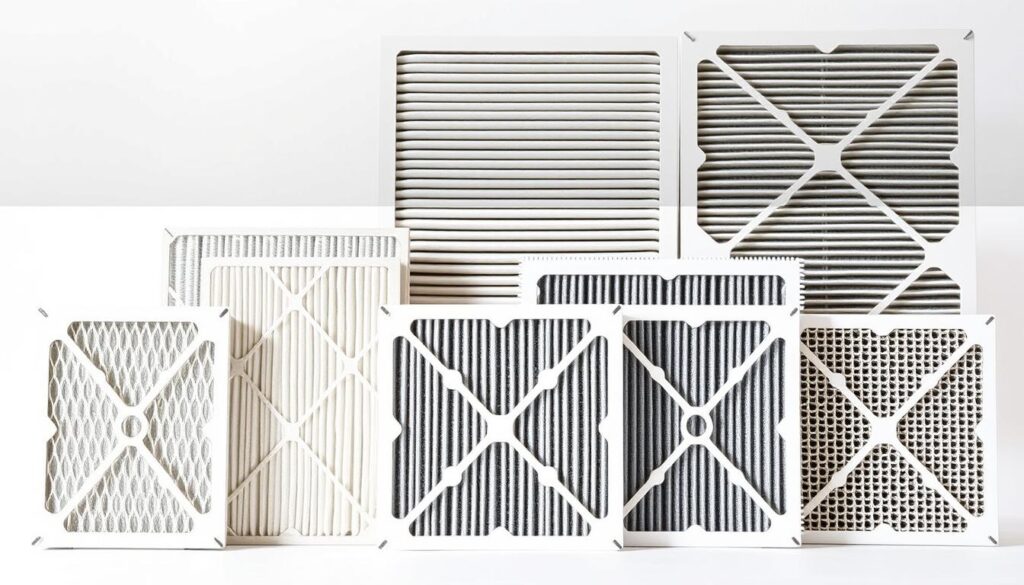 A detailed, high-resolution image of seven common types of HVAC air filters, presented in a clean, organized layout. The filters are shown in a well-lit, neutral studio setting, with soft, directional lighting that highlights their textures and materials. The filters are arranged in a row, with each type clearly visible and distinct. The background is a simple, uncluttered white or light gray, allowing the filters to be the focal point. The image conveys a sense of technical precision and visual clarity, suitable for an informative article on HVAC air filter selection.