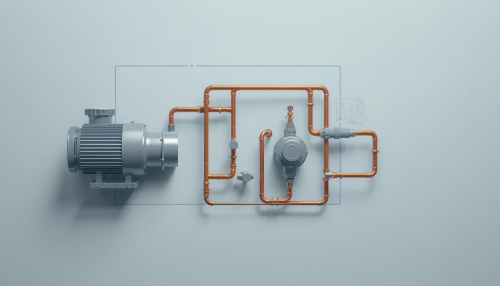 A detailed schematic diagram of an HVAC refrigerant cycle, showcased in a clean, technical style. The foreground depicts the key components - compressor, condenser, expansion valve, and evaporator - interconnected by copper tubing in a precise, engineering-inspired layout. The middle ground features a subtle grid or blueprint-like background, hinting at the system's underlying mechanics. The lighting is crisp and even, casting subtle shadows that accentuate the three-dimensional forms. The color palette is muted, predominantly grays and blues, lending an authoritative, professional tone. The overall impression is one of a well-designed, functional HVAC system, ready to illustrate the complex role of refrigerants in this essential climate control technology.