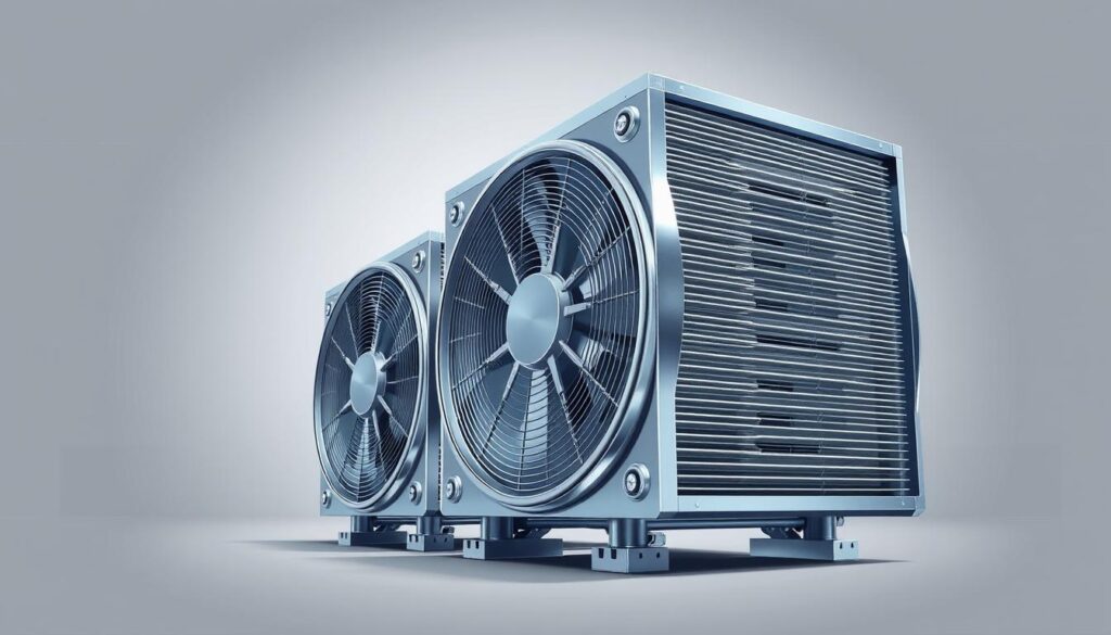 A detailed, technical illustration of HVAC evaporator coils in a clean, well-lit environment. The coils are the central focus, showcasing their intricate structure and metal fins with precision. The coils are positioned at a slightly elevated angle, allowing viewers to clearly see their inner workings and airflow patterns. The background is a neutral, muted color that emphasizes the engineering details of the coils. Optimal lighting from multiple angles highlights the metallic surfaces and creates subtle shadows, conveying the three-dimensional nature of the components. The overall mood is one of technical proficiency and functional elegance, suitable for an educational article on HVAC maintenance.