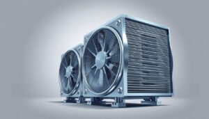 A detailed, technical illustration of HVAC evaporator coils in a clean, well-lit environment. The coils are the central focus, showcasing their intricate structure and metal fins with precision. The coils are positioned at a slightly elevated angle, allowing viewers to clearly see their inner workings and airflow patterns. The background is a neutral, muted color that emphasizes the engineering details of the coils. Optimal lighting from multiple angles highlights the metallic surfaces and creates subtle shadows, conveying the three-dimensional nature of the components. The overall mood is one of technical proficiency and functional elegance, suitable for an educational article on HVAC maintenance.