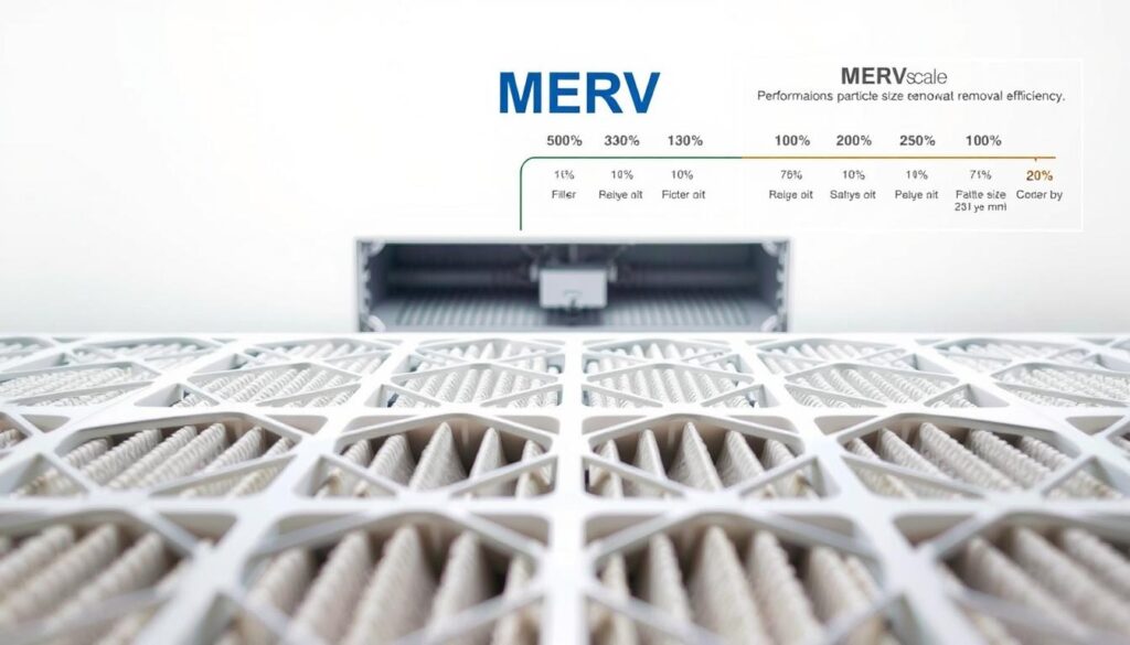 A detailed technical illustration of the MERV (Minimum Efficiency Reporting Value) rating system for HVAC air filters. In the foreground, a grid of various MERV-rated filter samples, showcasing the different sizes and densities of filter media. In the middle ground, a cutaway view of an HVAC unit, highlighting the airflow and filtration process. In the background, a technical diagram explaining the MERV scale and its performance criteria, with numeric values and corresponding particle size removal efficiency percentages. The scene is lit with soft, even lighting to emphasize the technical and educational nature of the image. The perspective is a slight bird's-eye view to provide an overview of the entire MERV rating system concept.