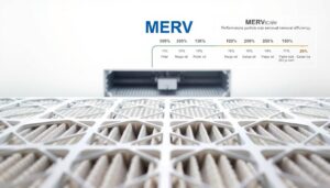 A detailed technical illustration of the MERV (Minimum Efficiency Reporting Value) rating system for HVAC air filters. In the foreground, a grid of various MERV-rated filter samples, showcasing the different sizes and densities of filter media. In the middle ground, a cutaway view of an HVAC unit, highlighting the airflow and filtration process. In the background, a technical diagram explaining the MERV scale and its performance criteria, with numeric values and corresponding particle size removal efficiency percentages. The scene is lit with soft, even lighting to emphasize the technical and educational nature of the image. The perspective is a slight bird's-eye view to provide an overview of the entire MERV rating system concept.