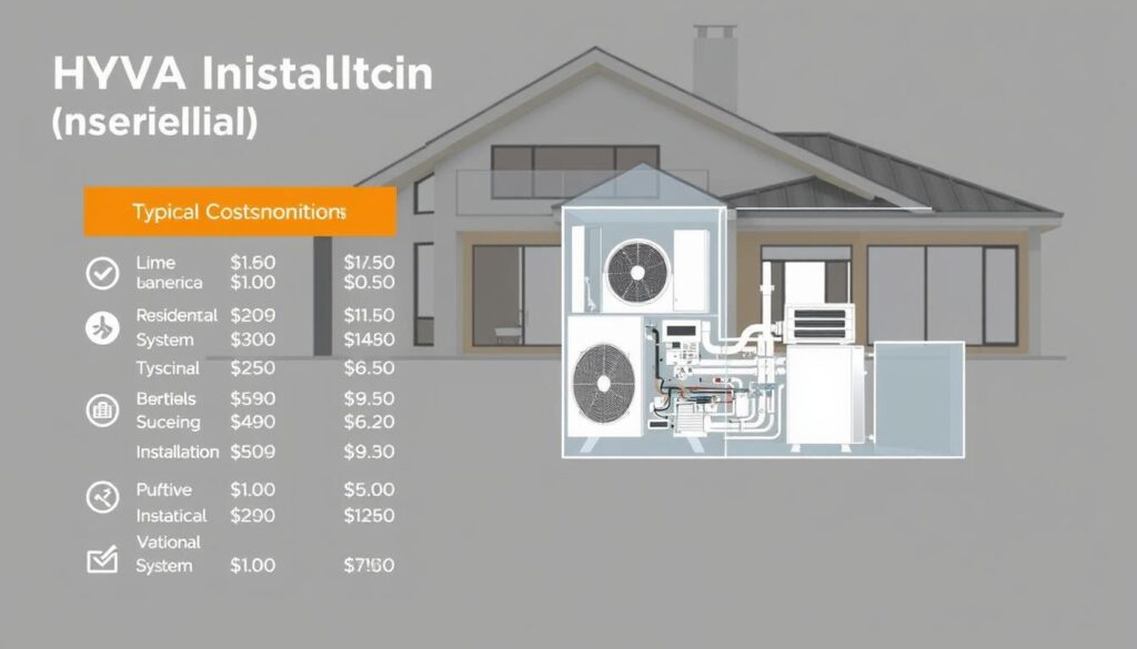 A detailed, technical illustration of the typical costs associated with HVAC installation. In the foreground, a breakdown of the individual components and their respective prices, presented in a clear and organized manner. In the middle ground, a cutaway view of a residential HVAC system, showcasing the various elements and their installation complexities. The background features a minimalist, architectural rendering of a modern home, highlighting the integration of the HVAC system within the building's design. The overall mood is informative and practical, with a focus on providing the viewer with a comprehensive understanding of the financial considerations involved in a professional HVAC installation.