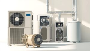 A detailed technical illustration showcasing various HVAC components in a crisp, clean, and well-lit environment. The foreground prominently displays a central air conditioning unit, compressor, condenser coil, and fan, all rendered with meticulous precision. The middle ground features a furnace, air handler, and ductwork, showcasing the interconnected nature of an HVAC system. The background gently fades into a neutral, minimalist setting, allowing the key components to take center stage. The lighting is natural and diffused, creating subtle shadows and highlights that accentuate the form and texture of the machinery. The overall mood is one of functional elegance, inviting the viewer to better understand the inner workings of a typical home HVAC system.