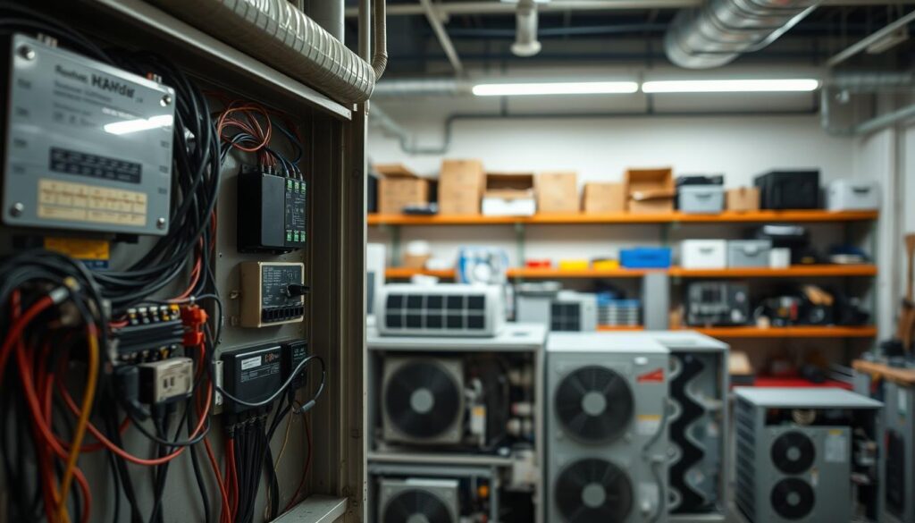 A detailed, well-lit workshop interior showcasing the electrical components of an HVAC system. The foreground features an open panel revealing wires, circuit breakers, and control modules, while the middle ground displays various HVAC units with their panels removed, exposing the intricate machinery. In the background, shelves with related tools and parts create a sense of a professional, organized workspace. The lighting is bright and directional, highlighting the technical details of the components. The overall atmosphere conveys a sense of precision, functionality, and the expertise required for a comprehensive HVAC installation.