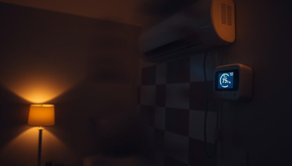 A dimly lit bedroom with a thermostat on the wall displaying a temperature reading that is significantly higher or lower than the comfortable range. The air conditioning unit is running, but the room appears to be either too hot or too cold, with visible temperature discrepancies between different areas of the space. Warm and cool air currents are visible, creating an uneven temperature distribution. The lighting is slightly uneven, with shadows and highlights accentuating the temperature variations. The overall atmosphere conveys a sense of discomfort and a need for troubleshooting the HVAC system.