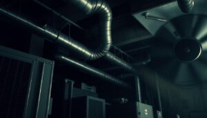 A dimly lit industrial interior with various HVAC components prominently featured. In the foreground, a large commercial-grade air conditioning unit emits a low, rumbling hum. Nearby, a central furnace vibrates gently, its metal casing radiating a subtle heat. In the middle ground, a network of ducts and vents snakes across the ceiling, their metal surfaces reflecting the ambient lighting. In the background, a large industrial fan spins steadily, its blades cutting through the air with a soft, whooshing sound. The overall atmosphere is one of functional machinery, with the various noise sources blending together to create a layered, mechanical ambiance.