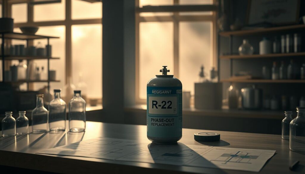 A dimly lit laboratory interior, with a central workbench showcasing an array of scientific equipment and glassware. On the bench, a prominent R-22 refrigerant canister stands as the focal point, surrounded by technical schematics and notes alluding to its phase-out and replacement. The background is hazy, with a sense of uncertainty and change, as if the viewer is witnessing the dawn of a new era in HVAC technology. Dramatic lighting casts long shadows, creating a somber, contemplative atmosphere around the imminent transition away from this iconic refrigerant.