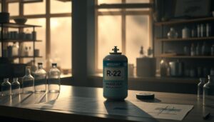 A dimly lit laboratory interior, with a central workbench showcasing an array of scientific equipment and glassware. On the bench, a prominent R-22 refrigerant canister stands as the focal point, surrounded by technical schematics and notes alluding to its phase-out and replacement. The background is hazy, with a sense of uncertainty and change, as if the viewer is witnessing the dawn of a new era in HVAC technology. Dramatic lighting casts long shadows, creating a somber, contemplative atmosphere around the imminent transition away from this iconic refrigerant.