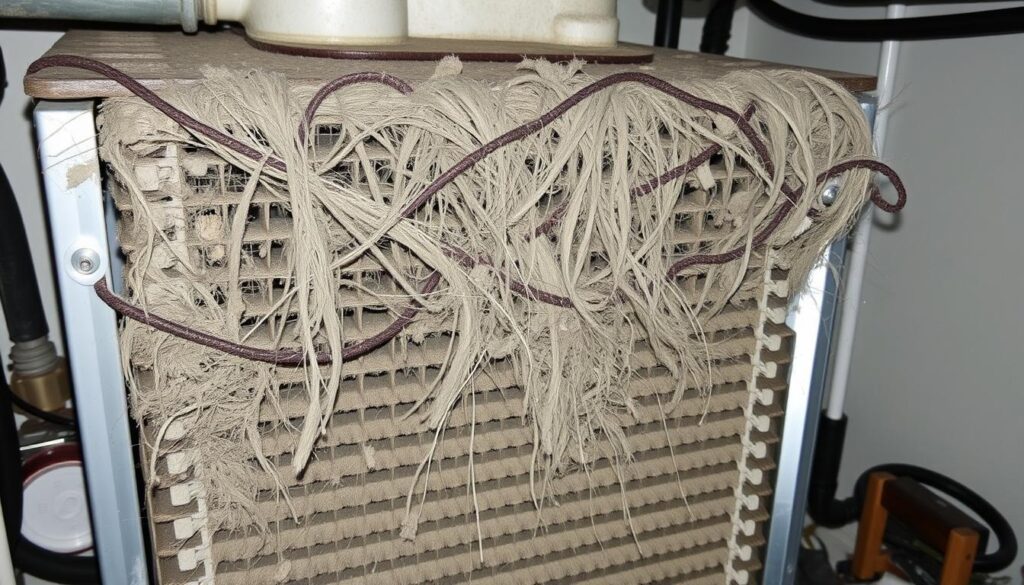 A dusty, neglected HVAC evaporator coil, its once-sleek fins caked in grime and debris. Tangled strands of dust and pet hair cling to the coil's surface, obstructing airflow and reducing efficiency. The coil's metallic sheen is muted, its formerly bright finish dulled by accumulated contaminants. Harsh fluorescent lighting casts harsh shadows, emphasizing the coil's deteriorated state. The coil sits within a cramped utility closet, its surroundings cluttered with abandoned items, further emphasizing the importance of regular maintenance and cleaning.