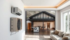 A high-resolution, photorealistic image of ductless HVAC systems in a residential setting. The scene depicts a modern, minimalist living room with clean lines and muted colors. In the foreground, a sleek, wall-mounted ductless indoor unit is prominently displayed, its brushed metal exterior gleaming under soft, indirect lighting. The middle ground shows the corresponding outdoor compressor unit nestled discreetly against the home's exterior, blending seamlessly with the architectural design. The background offers a glimpse of the home's exterior, showcasing the thoughtful integration of the ductless system within the overall aesthetic. The image conveys a sense of efficiency, practicality, and design harmony, reflecting the pros and cons of ductless HVAC systems.