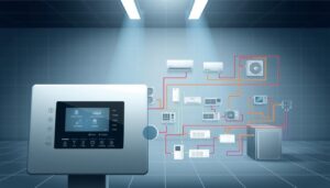 A highly detailed, technical illustration of an HVAC system compatibility diagram. The foreground depicts a centralized control panel with a modern, sleek design, displaying various connections and compatibility options. The middle ground showcases detailed schematics of different HVAC unit types, including furnaces, air conditioners, and heat pumps, all interconnected through color-coded wiring. The background features a clean, minimalist environment with subtle grid lines, suggesting a technical, engineered setting. The lighting is bright and directional, highlighting the various components and emphasizing the precision and functionality of the system. The overall mood is one of professionalism, efficiency, and technological sophistication.