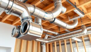 A highly detailed, technically accurate 3D rendering of a HVAC ductwork extension system. The foreground shows the junction where the new ducts connect to the existing HVAC network, with precise metallic fittings, flanges, and sealing gaskets. The middle ground reveals the complex network of rectangular and circular ducts, expertly routed and suspended from the ceiling joists using heavy-duty hangers. The background depicts the interior framing of the room addition, with exposed wooden studs and insulation. The lighting is natural, with soft shadows and highlights that accentuate the contours and textures of the HVAC components. The overall scene conveys a sense of functional engineering and attention to detail, suitable for illustrating the technical process of HVAC system expansion for a home addition.