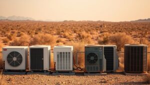A hot, arid Arizona landscape with a row of distinct air conditioning units in the foreground, each at a different stage of its lifespan. The newest units gleam with fresh white casing, while older models show signs of wear - faded colors, dents, and rust. The middle ground features a mix of well-maintained and failing units, conveying the range of lifespans common in the region's climate. In the background, a hazy skyline hints at the extreme heat and relentless sun that these AC systems must endure. Warm, amber lighting casts long shadows, heightening the sense of weathering and age. The composition emphasizes the diversity of lifespans, from newly installed to nearing the end of their useful life.