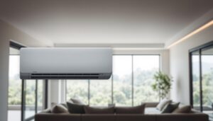 A modern HVAC system against a tranquil, softly-lit living room. In the foreground, the sleek, unobtrusive indoor unit blends seamlessly into the minimalist decor. Muted tones and diffused lighting create a serene, hushed atmosphere, emphasizing the system's quietness. The middle ground showcases soft furnishings and architectural details, suggesting a comfortable, well-insulated space. In the background, a large window overlooks a lush, verdant landscape, symbolizing the system's ability to maintain a peaceful, natural ambiance. The overall scene conveys the importance of HVAC noise reduction in creating a harmonious, relaxing living environment.