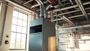 A modern, high-efficiency furnace standing prominently in a well-lit, spacious mechanical room. The furnace's sleek steel casing and digital controls reflect the room's clinical, industrial aesthetic. Sunlight streams through large windows, casting a warm glow over the scene. Intricate pipes and ducts weave around the furnace, conveying a sense of complex, interconnected systems. The furnace's vents and exhaust outlets stand ready to distribute heated air throughout the connected ductwork. The overall composition emphasizes the furnace's central role in the home's climate control infrastructure.