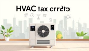 A modern, minimalist illustration of HVAC tax credits in 2025. In the foreground, an energy-efficient HVAC unit stands prominently, its sleek design and smart features highlighted. The middle ground showcases various tax credit icons and symbols, conveying the financial incentives for upgrading to eco-friendly HVAC systems. The background features a stylized cityscape, with skyscrapers and renewable energy sources, setting the scene for the advancements in sustainable home technology. The lighting is soft and natural, creating a sense of warmth and approachability. The composition is balanced and visually appealing, inviting the viewer to understand the benefits of HVAC tax credits in the year 2025.
